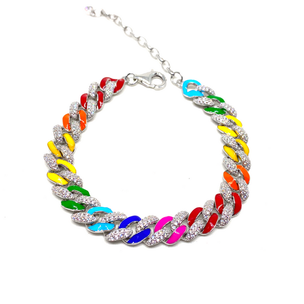 Kadın Gümüş Neon Gökkuşağı Gurme Zincir Bileklik colormix multicolor rainbow Taşlı renkli 925 ayar mineli