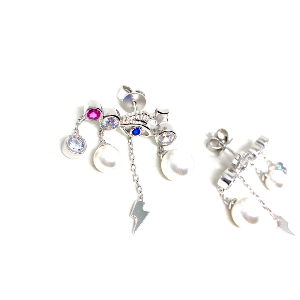 Kadın Gümüş Göz Figürlü İnci Sallantılı Küpe 925 ayar silver