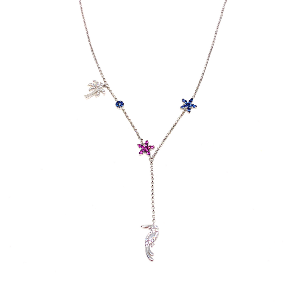 Kadın Gümüş Tropik Y Kolye tukan palmiye kuş papağan renkli Taşlı 925 ayar silver