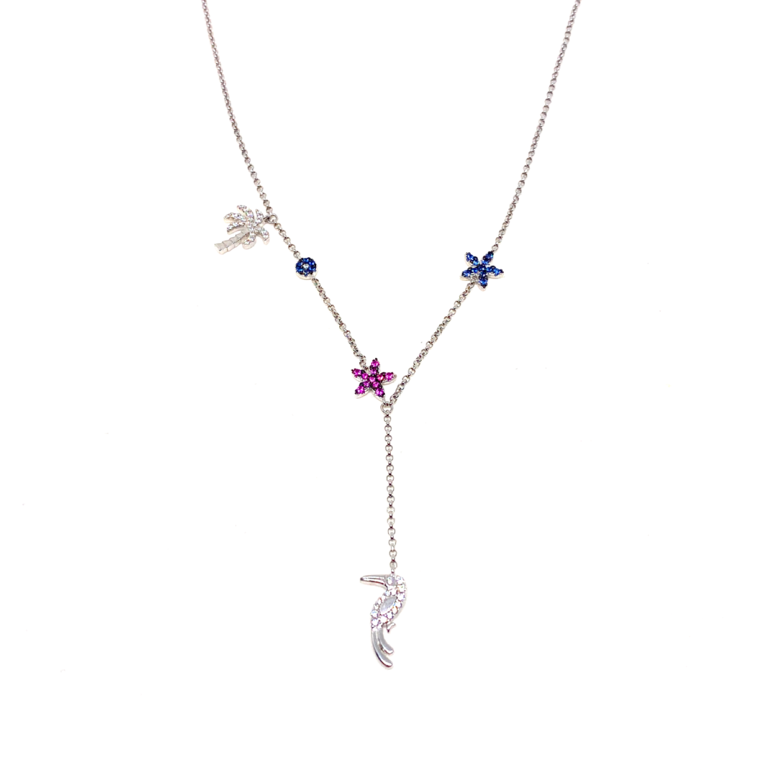 Kadın Gümüş Tropik Y Kolye tukan palmiye kuş papağan renkli Taşlı 925 ayar silver