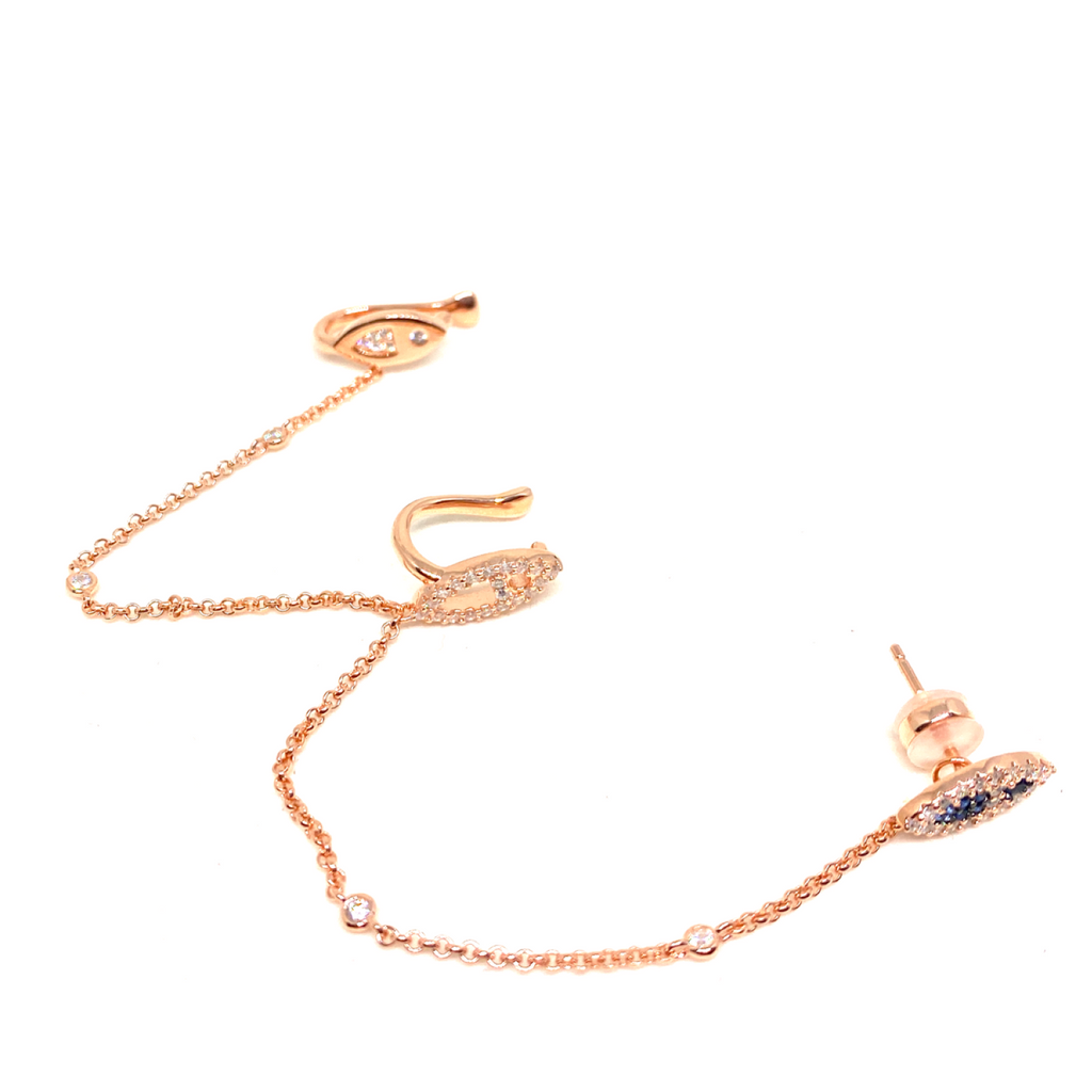 Kadın Gümüş Ara Zincirli Balıklı Cuff sıkıştırmalı Kıkırdak Küpe 925 ayar