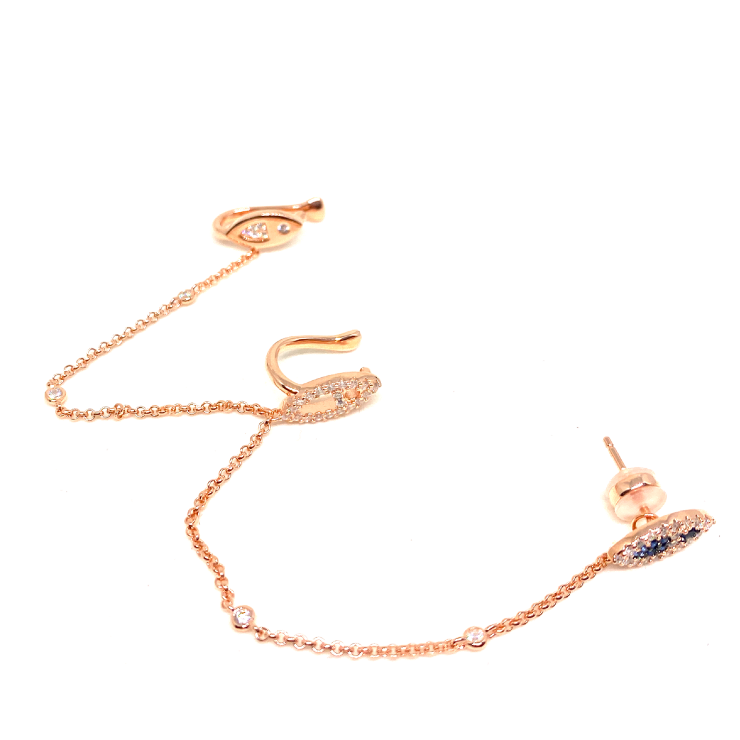 Kadın Gümüş Ara Zincirli Balıklı Cuff sıkıştırmalı Kıkırdak Küpe 925 ayar