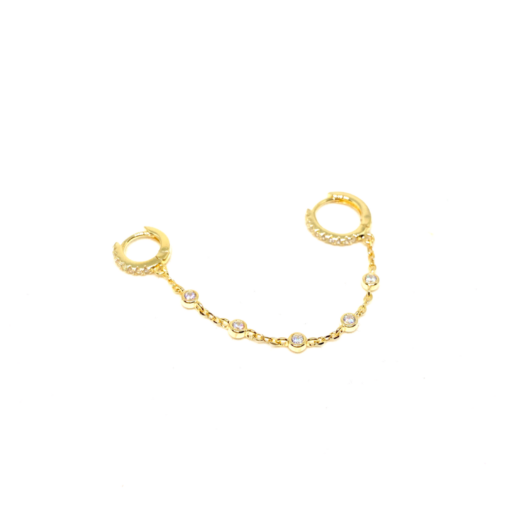 Kadın Gümüş Ara Zincirli Taşlı Halka Küpe 2 iki delik 925 ayar Gold Altın Rengi