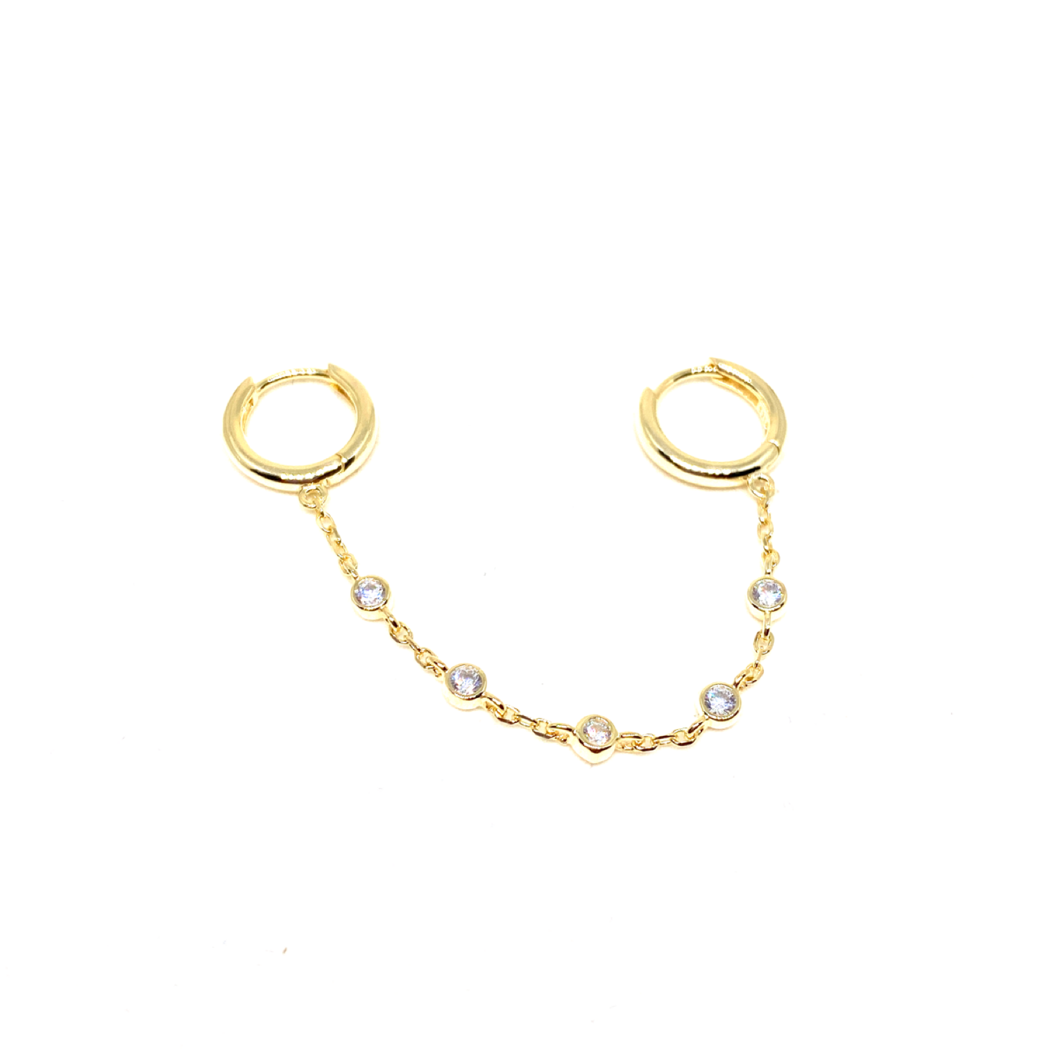 Kadın Gümüş Ara Zincirli Taşsız Halka Küpe 2 iki delik 925 ayar Gold Altın Rengi