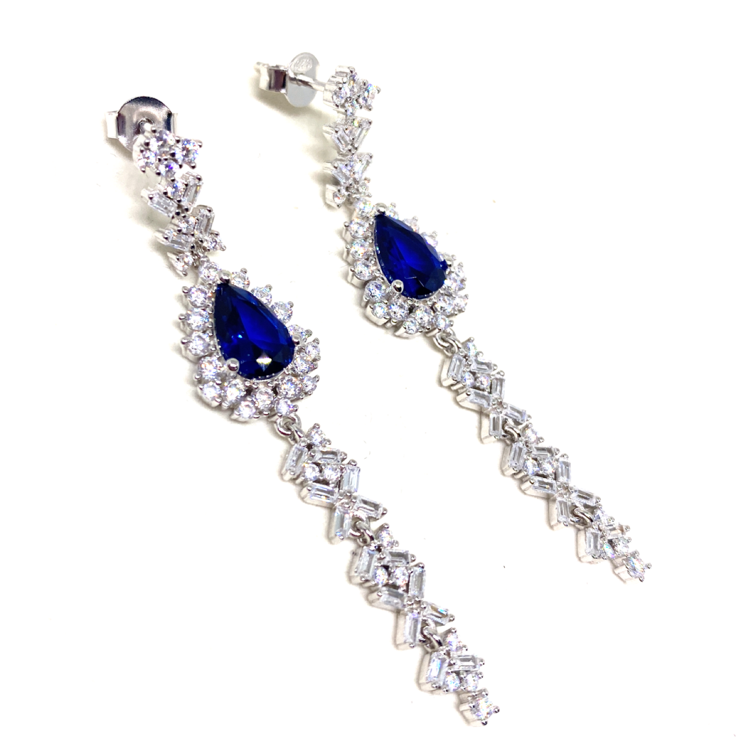 Safir ve Pırlanta Görünümlü Abiye Sudamlası Gümüş Küpe