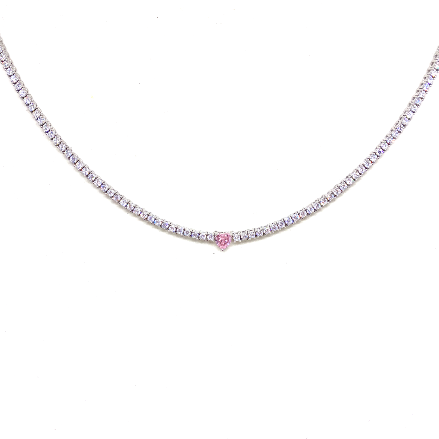 Tennis Necklace with Pink Heart Detail