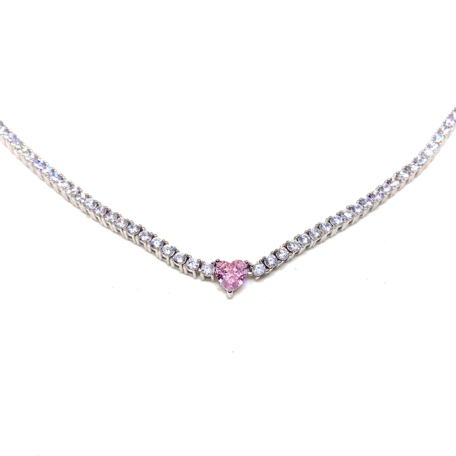 Tennis Necklace with Pink Heart Detail