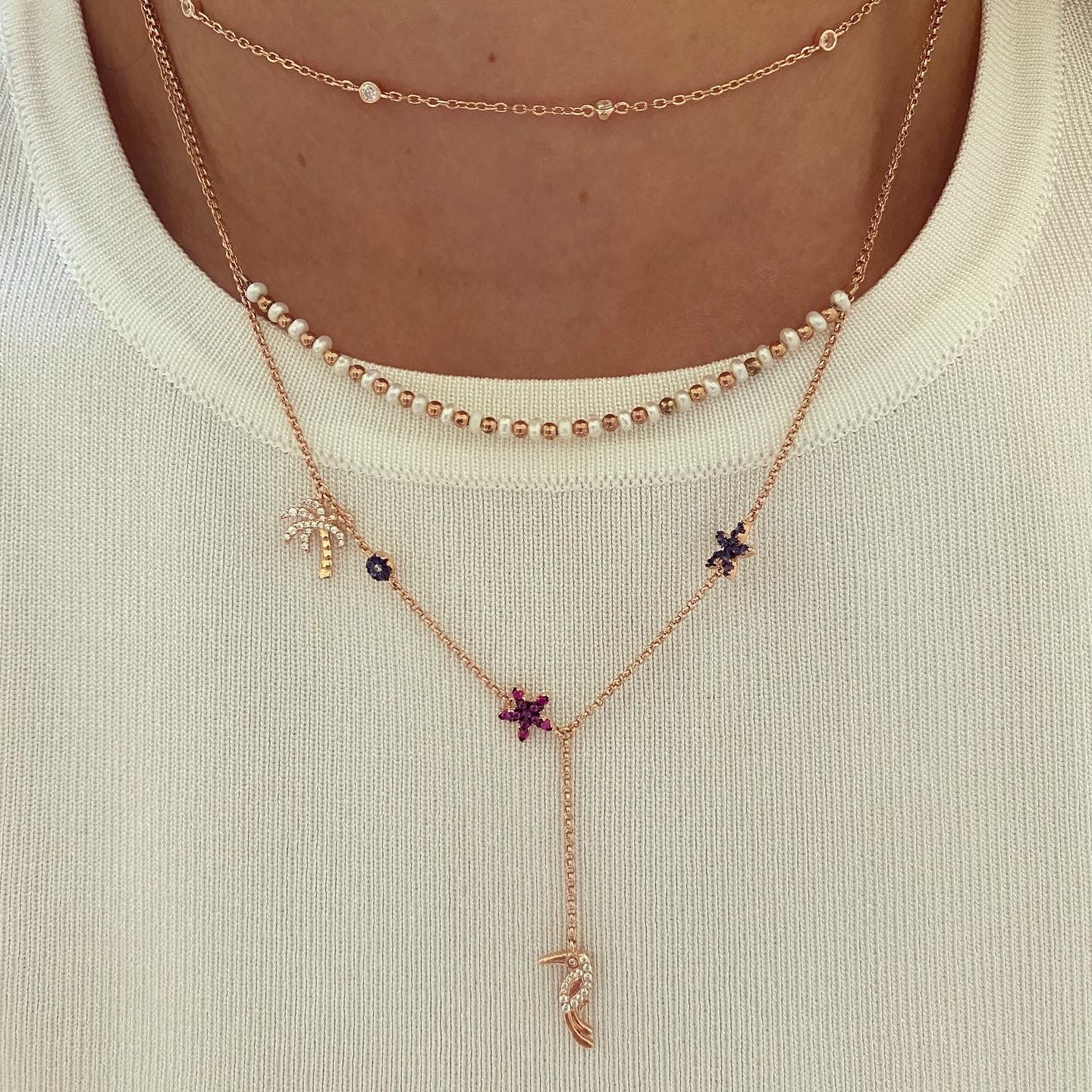 Kadın Gümüş Tropik Y Kolye tukan palmiye kuş papağan renkli Taşlı 925 ayar Boyunda Duruşu kombin rose