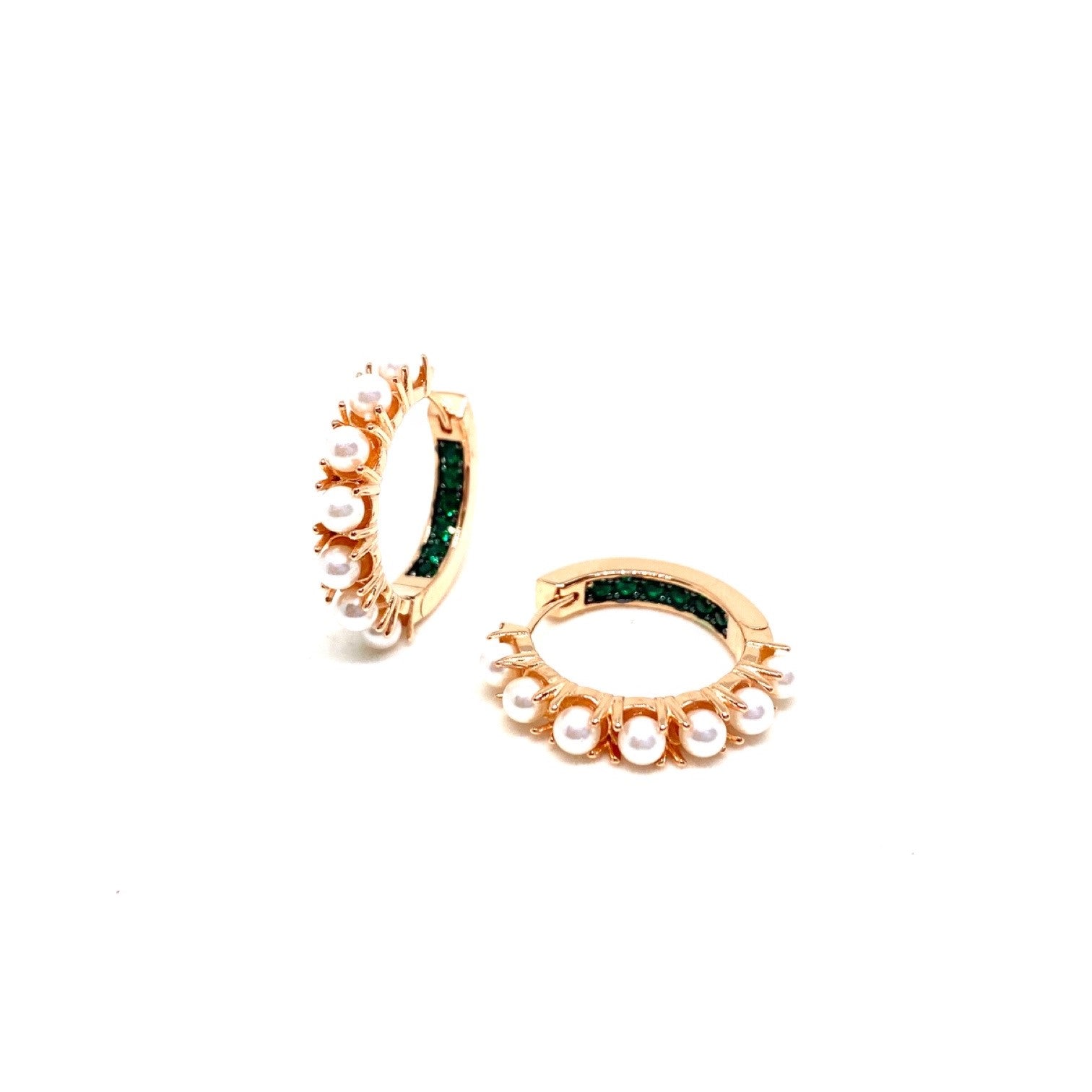 Kadın Gümüş İncili Halka Küpe yeşil taşlı zümrüt 925 ayar rose