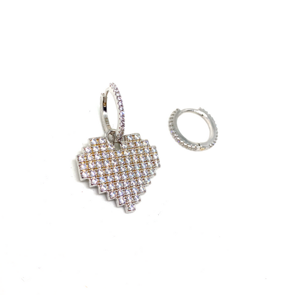 Kadın Gümüş Tetris Kalp Küpe asimetrik Taşlı imitasyon Pırlanta Görünümlü 925 ayar