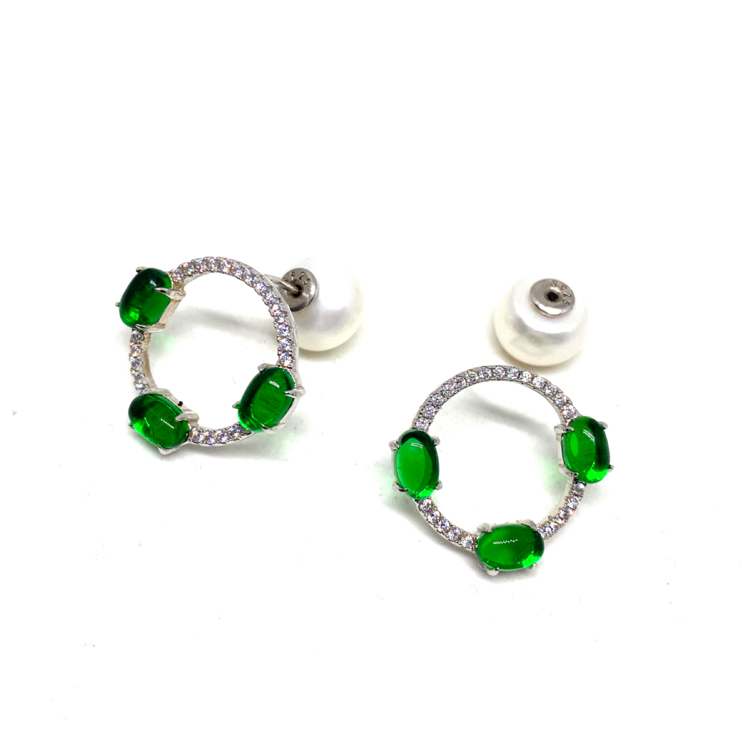 Kadın Gümüş Arkası İnci Detaylı Yeşil Taşlı Küpe 925 ayar