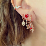 Kadın Gümüş Taç Kalp Yıldız Figürlü Küpe charm crown tiara Sallantılı Kırmızı 925 ayar kombin kulakta duruşu